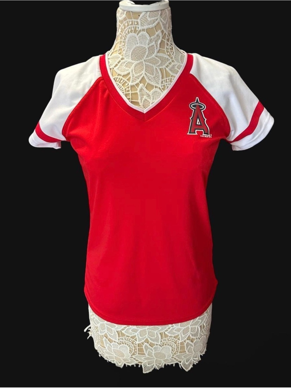 Genuine Merchandise Red V-Neck Women's Raglan Jersey with White Sleeves